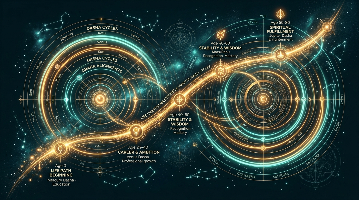 Cosmic roadmap illustrating long-term life chapter milestones and planetary cycle alignment