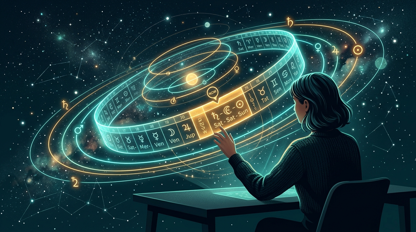 Floating cylindrical astrological timeline ribbon displaying active Mahadasha and Antardasha dates